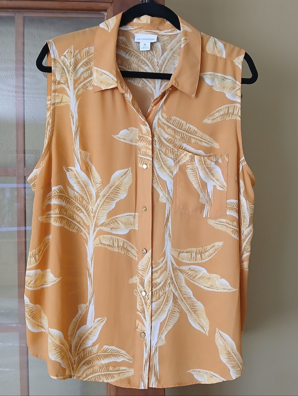 Liz Claiborne Sleeveless Tunic Top Mustard Yellow Tropical Leaf Print XL
